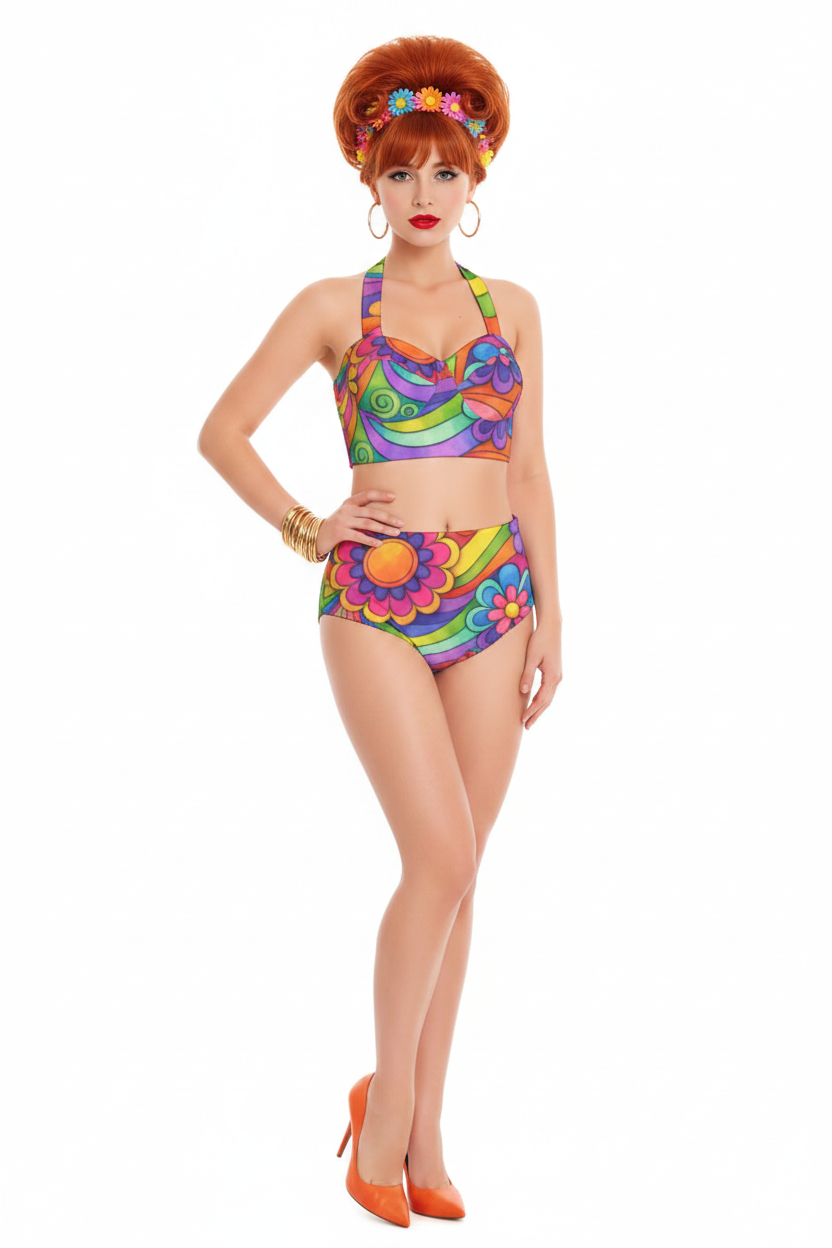 Psychedelic Rainbow Groovy Halter Bikini — 60s modelka