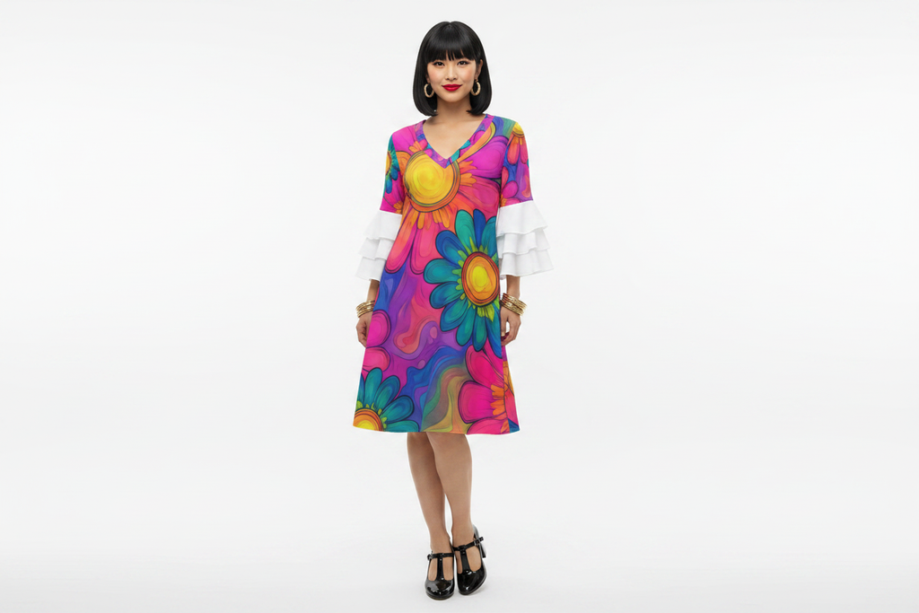 Psychedelic Sunflower Ruffle Sleeve Dress