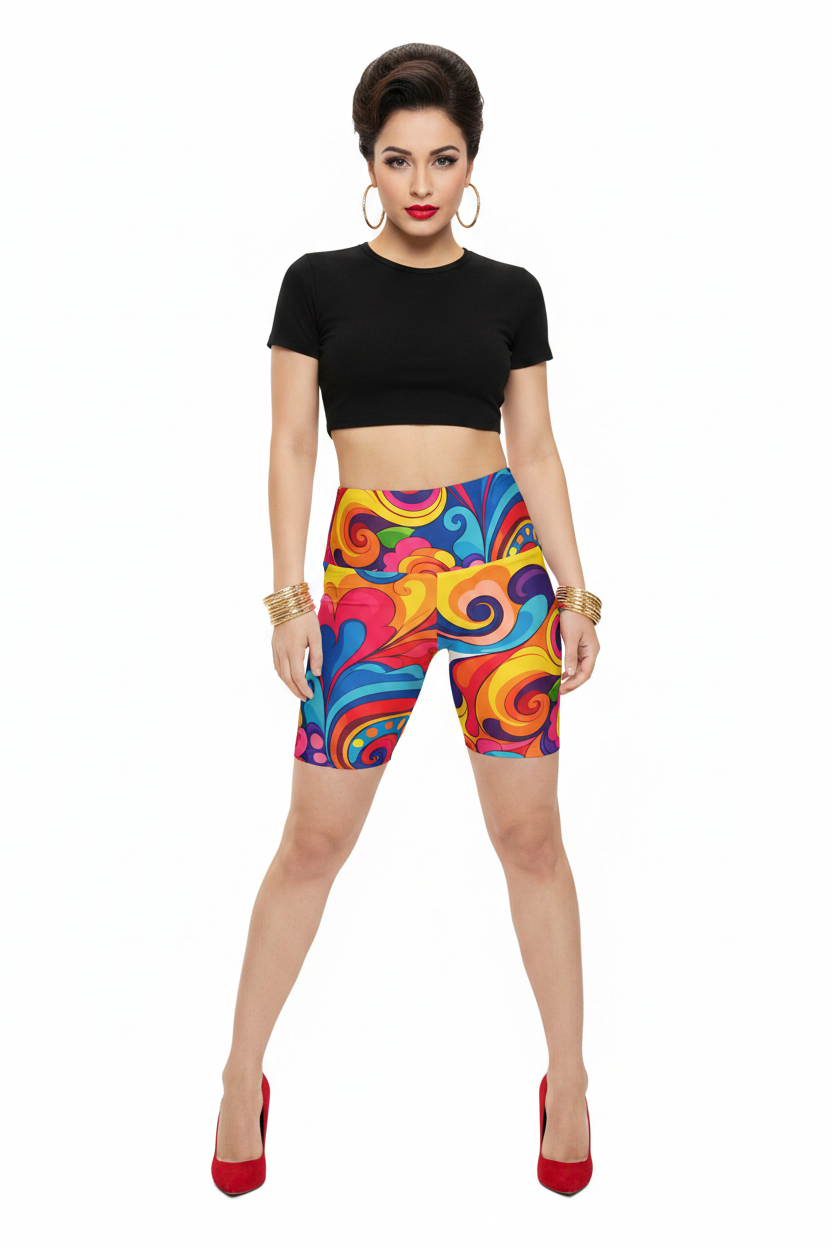 Psychedelic Swirl Biker Shorts — 60s Model