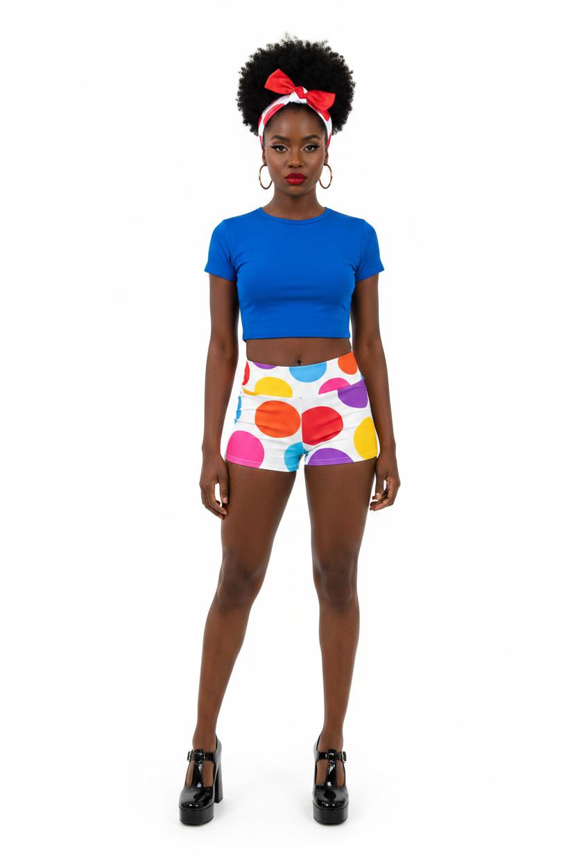 Rainbow Polka Dot Shorts - Black model Mary Jane 60s