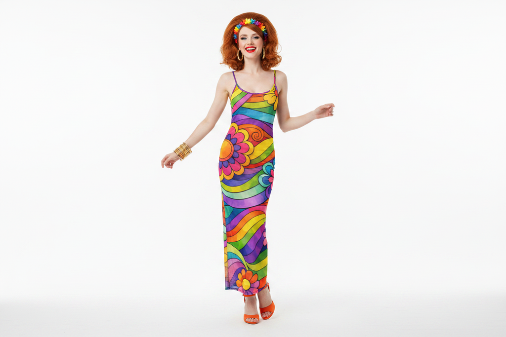 Rainbow Swirl Flowers Mesh Maxi Dress