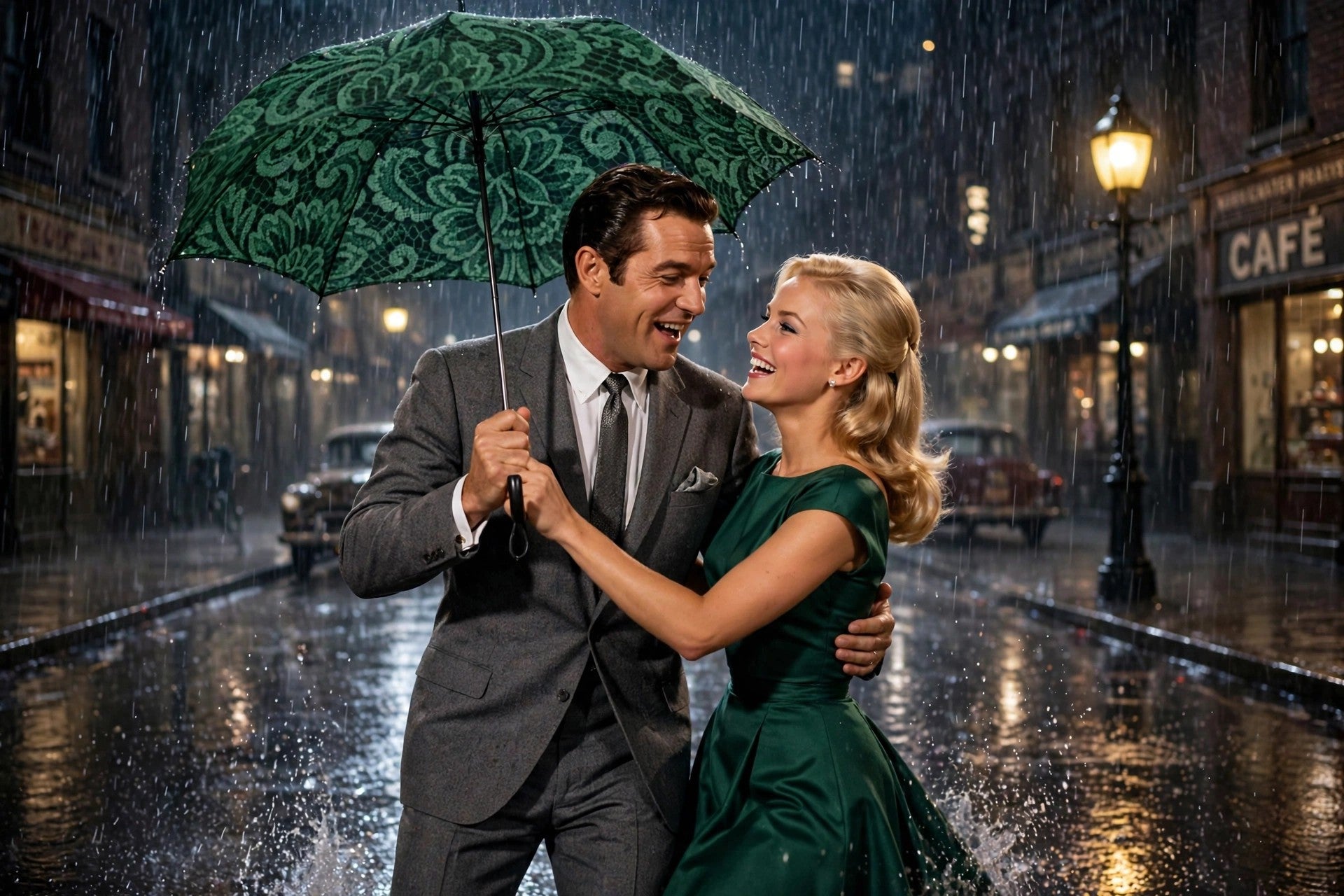 A man in a gray suit and a woman in a dark green dress share a moment under a green damask-patterned umbrella on a rainy city street at night.