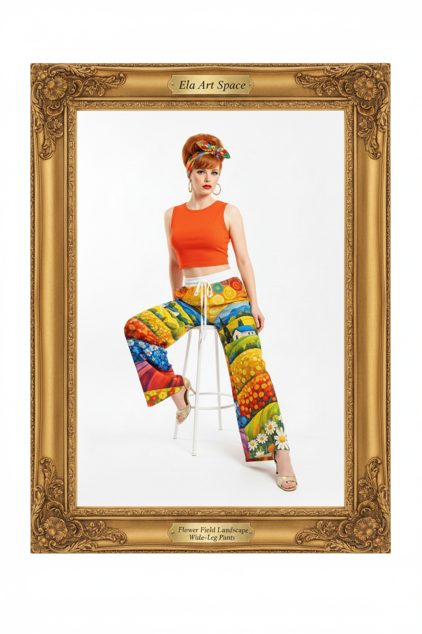 Rama — Flower Field Landscape Wide-Leg Pants