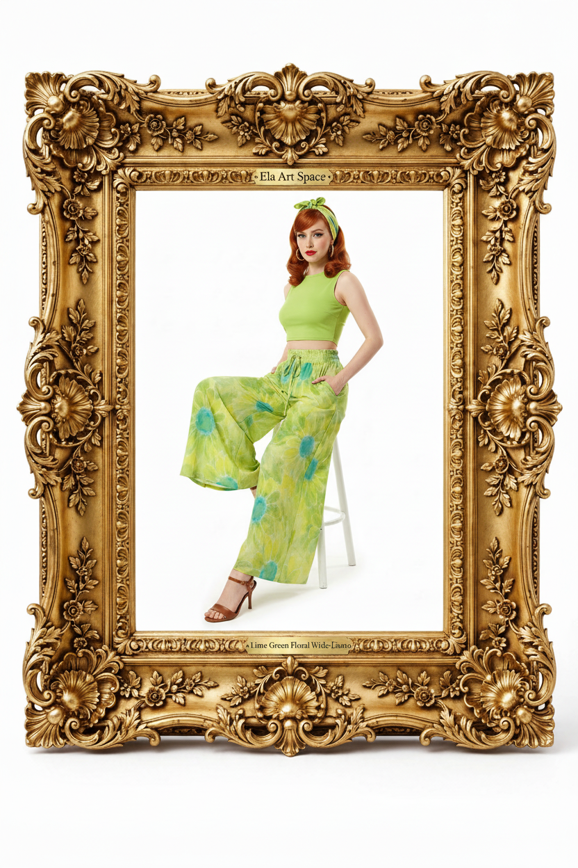 Rama — Lime Green Floral Wide-Leg Pants