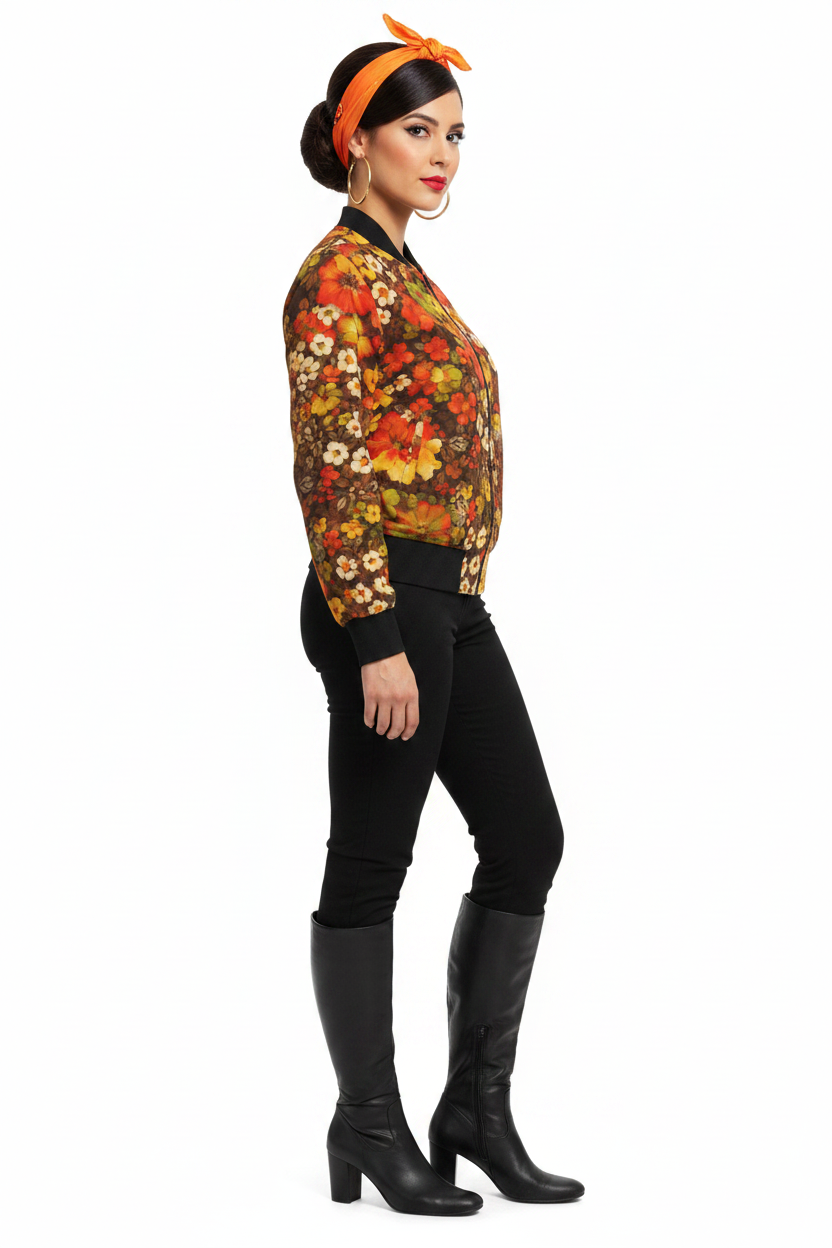 Retro Fall Floral Bomber modelka 2