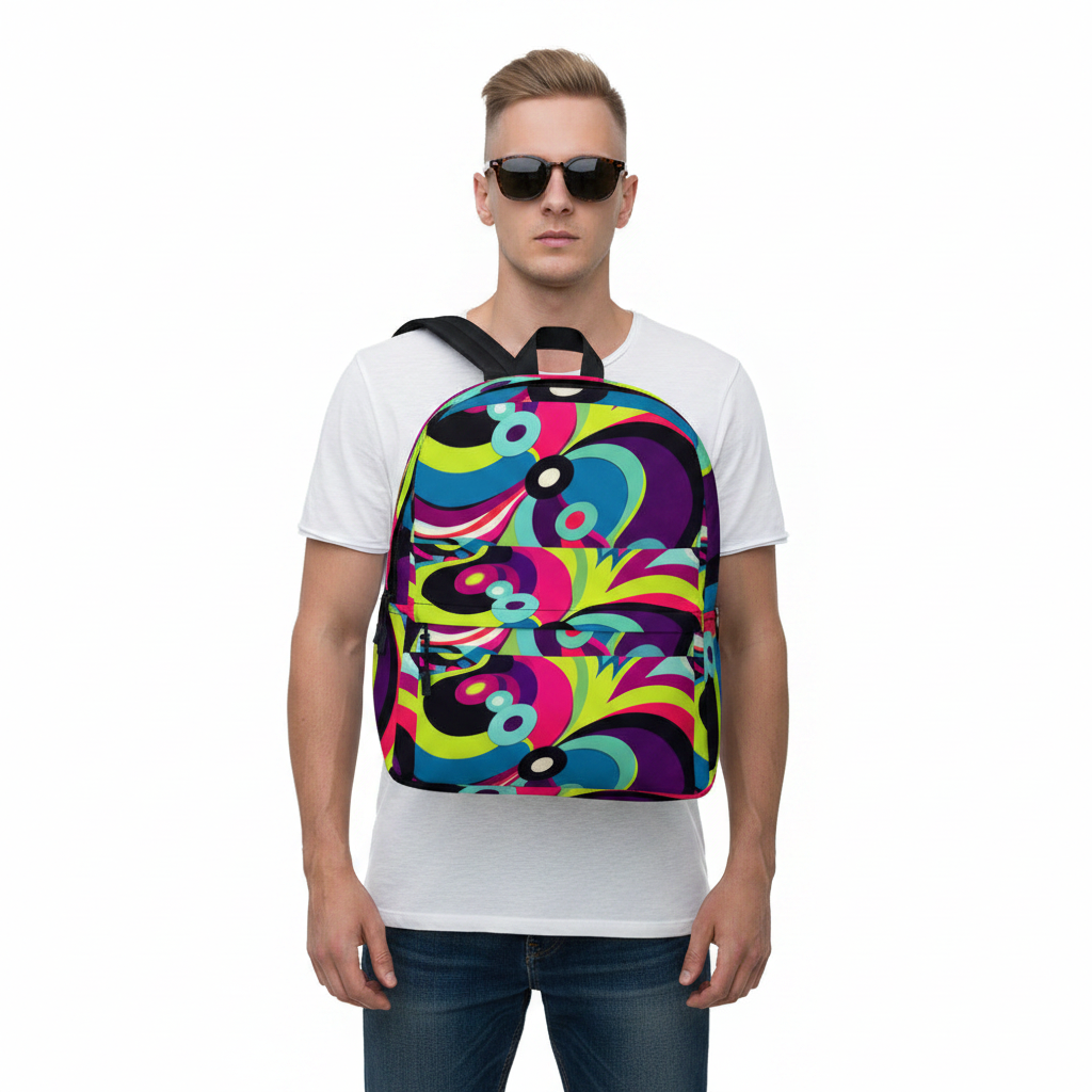 Retro Psychedelic Circles Backpack — model front