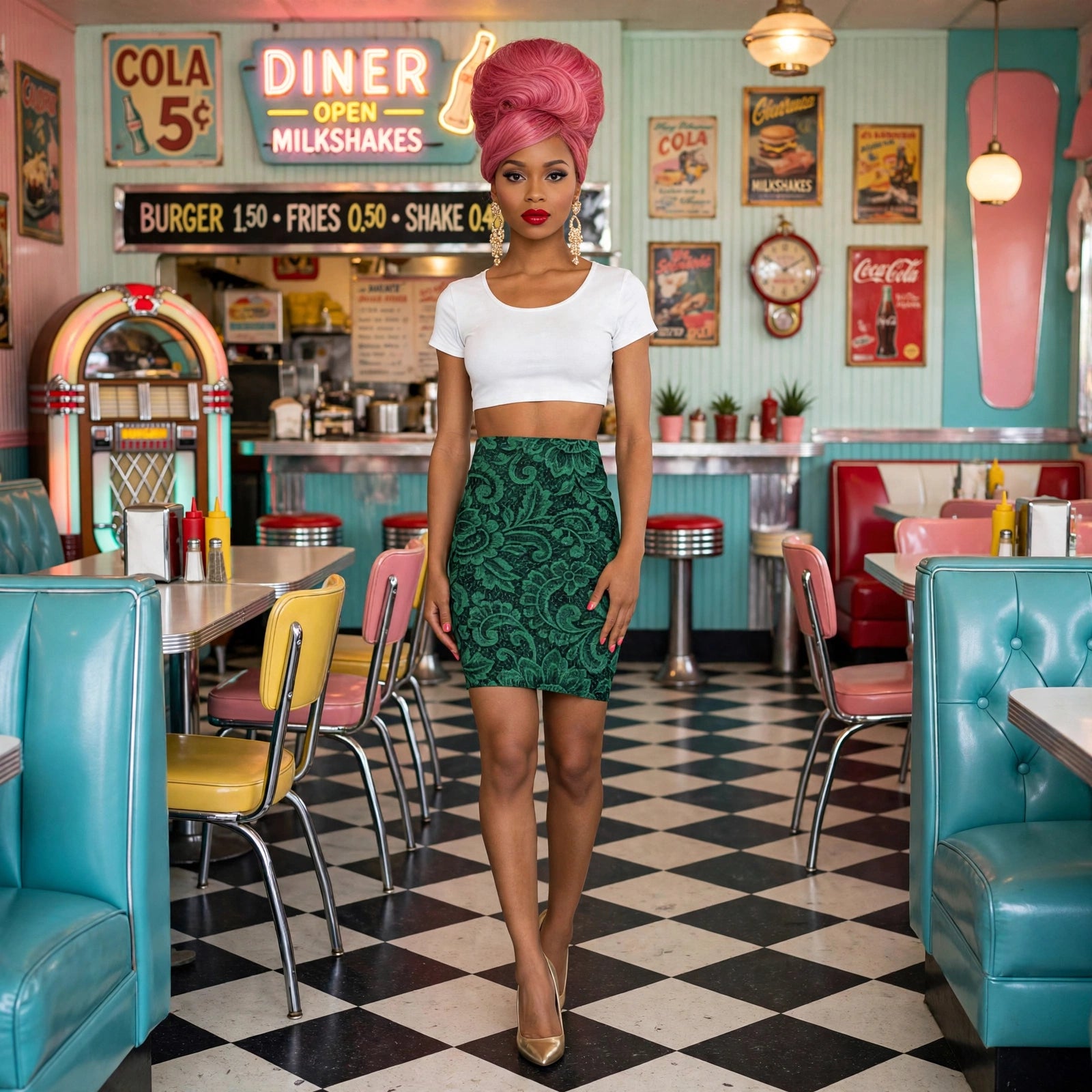 Emerald Lace Illusion - Printed Pencil Skirt