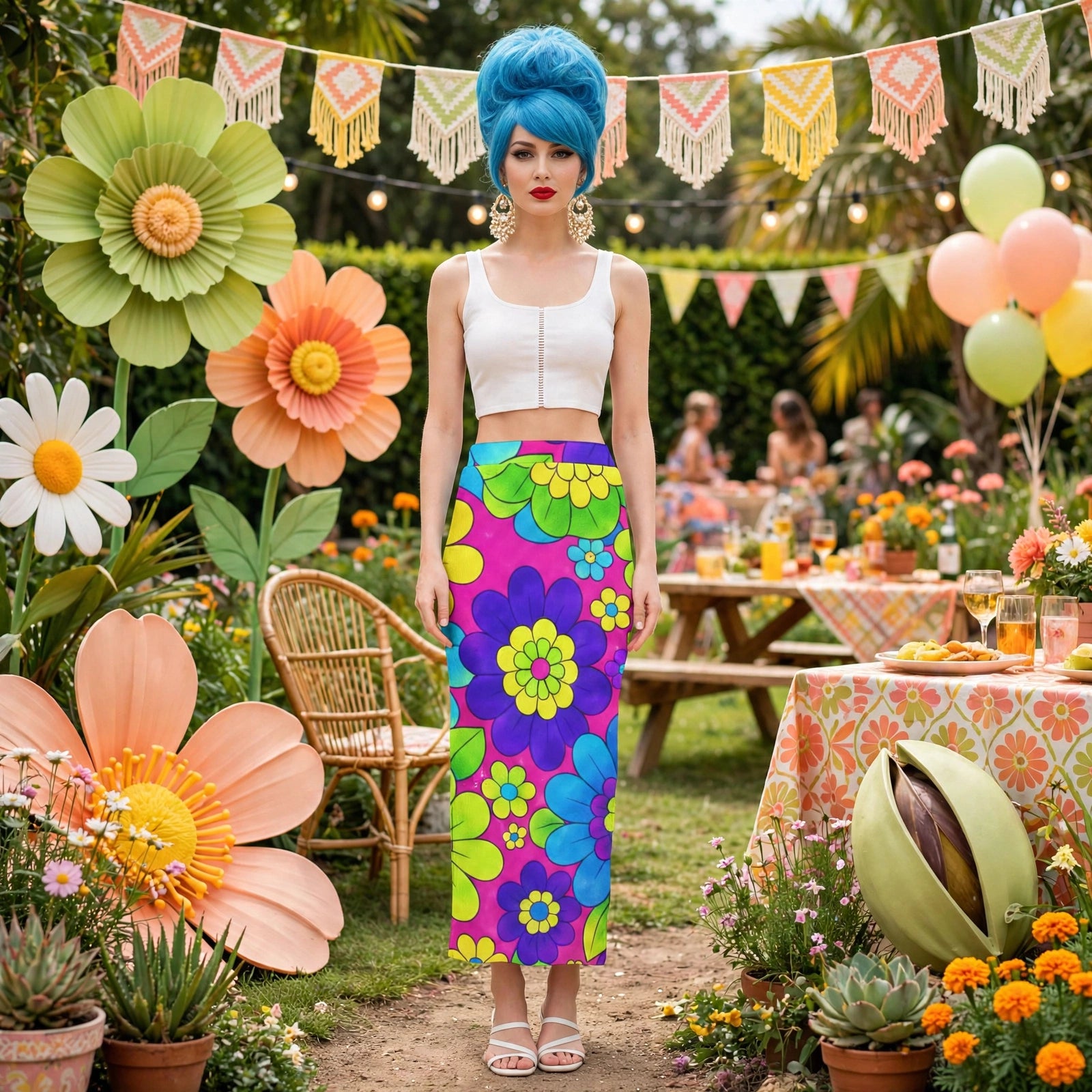 A woman stands outdoors in a garden party setting wearing a white crop top and a colorful floral midi skirt. She has a bright blue wig and large gold earrings.