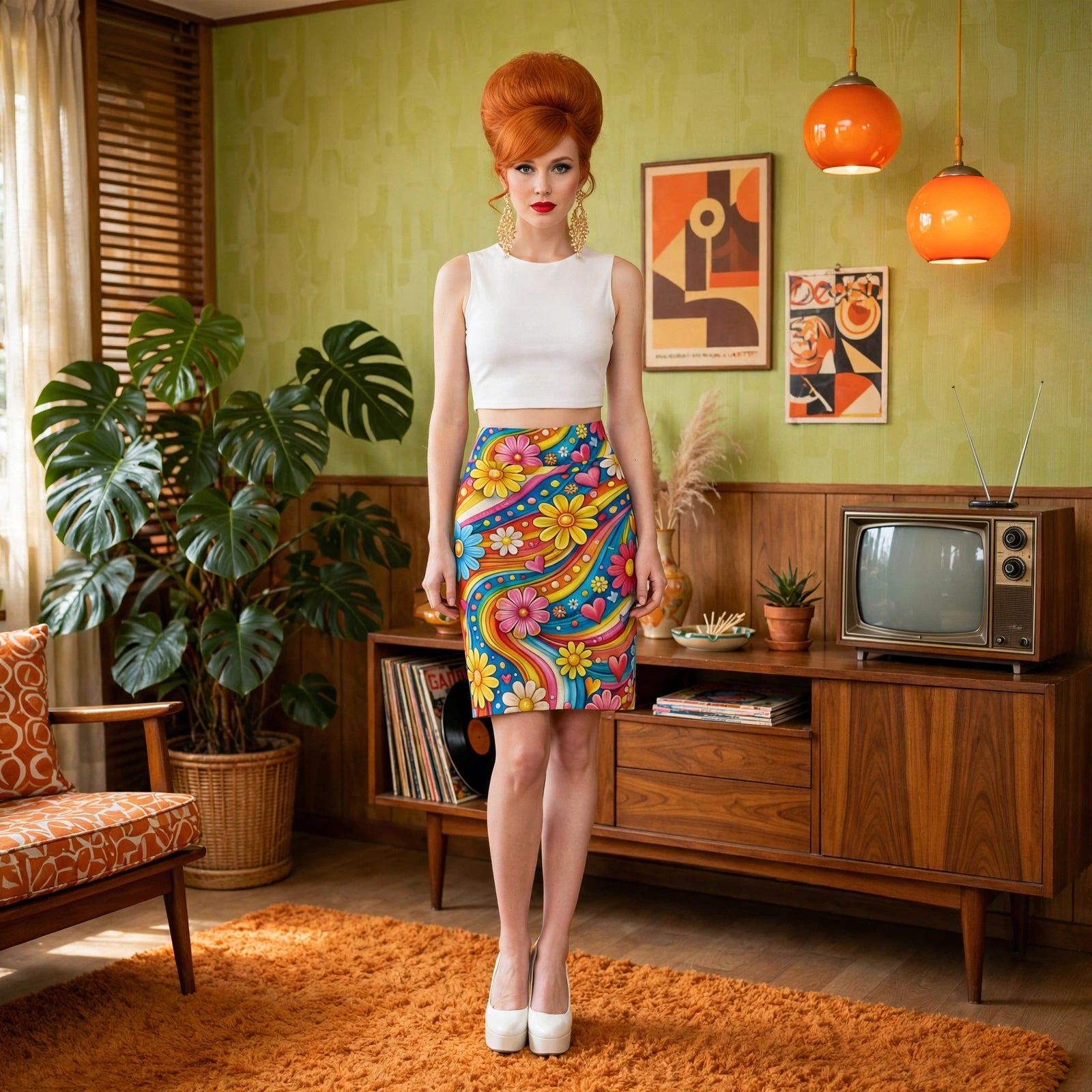 Flower Power Wave - Psychedelic Pencil Skirt