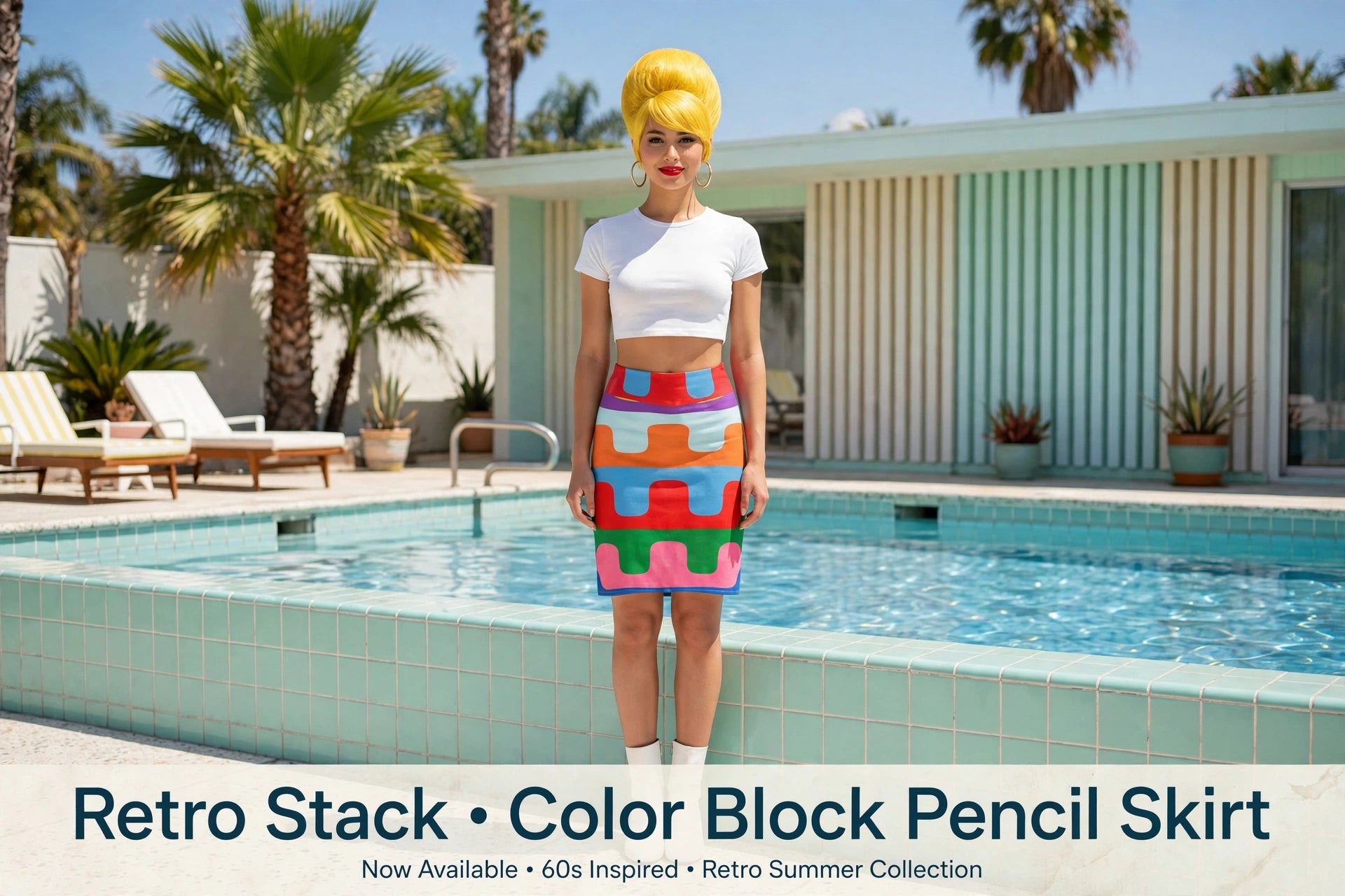 A woman stands by a swimming pool wearing a white cropped top and a colorful pencil-skirt style skirt with geometric color blocks. Palm trees and a retro-style building are in the background.