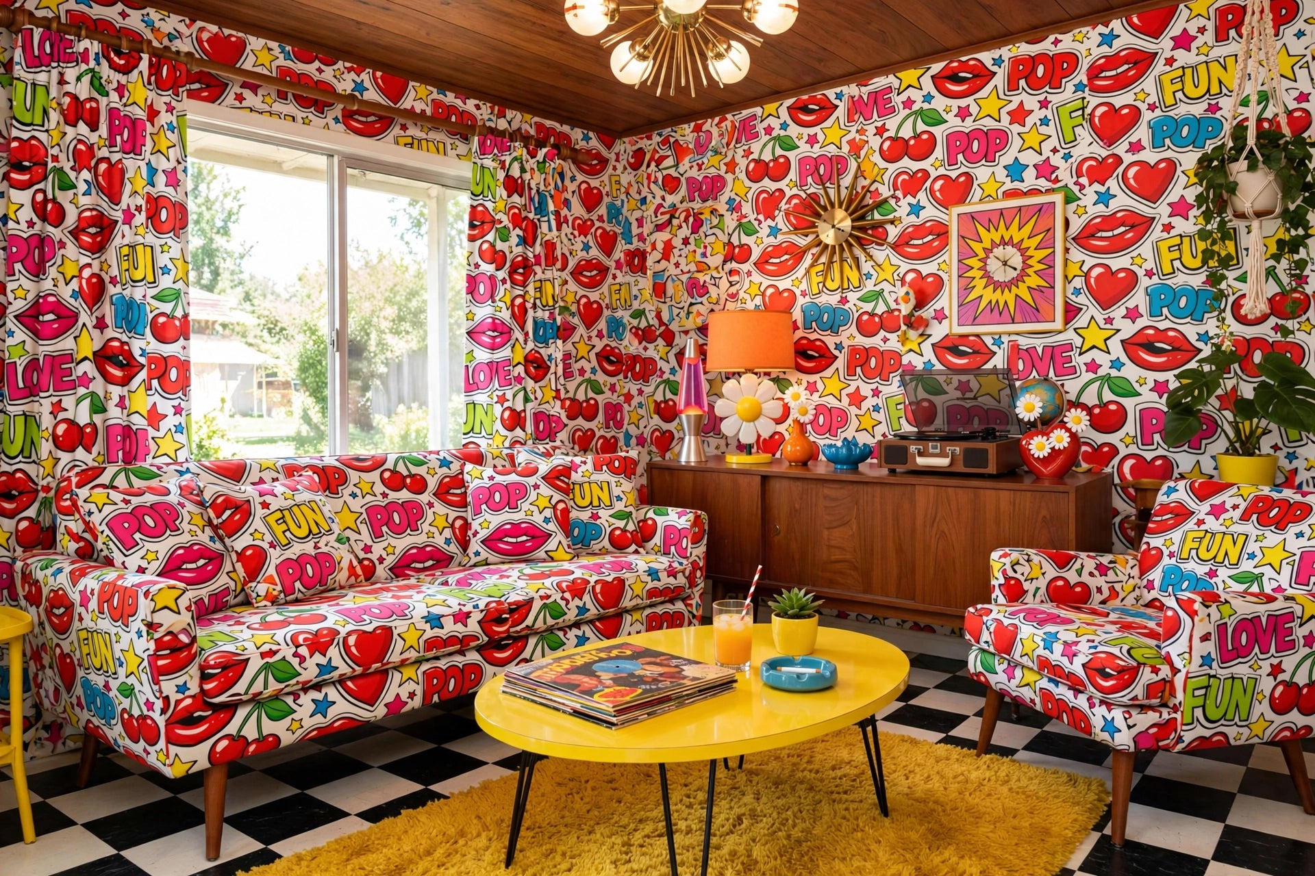 A retro-style living room decorated with vibrant, all-over pop-art style wallpaper featuring hearts, lips, stars, and text like LOVE, POP, and FUN. The room includes a matching patterned sofa, armchair, yellow coffee table, black-and-white checkered floor, and a wooden cabinet in the background.