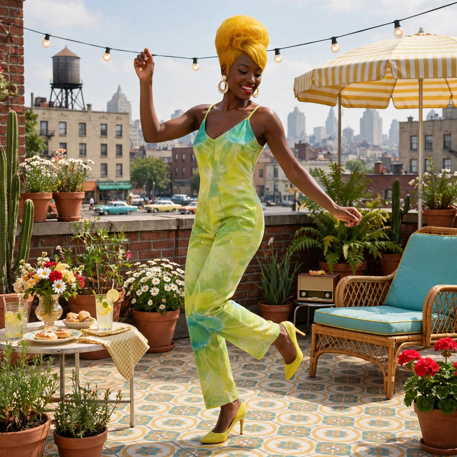Lime Light - 60s Watercolor Daisy Jumpsuit