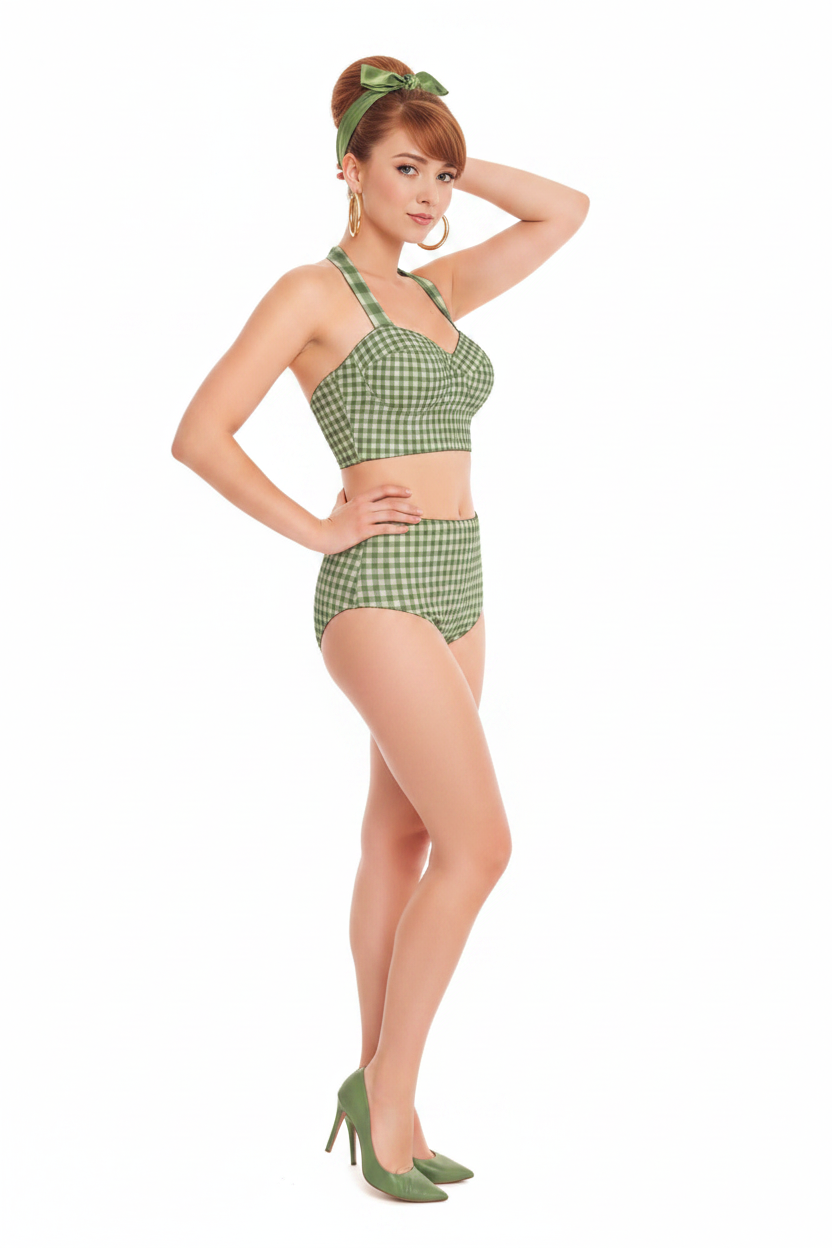 Sage Green Gingham High-Waist Bikini — ruda pin-up modelka