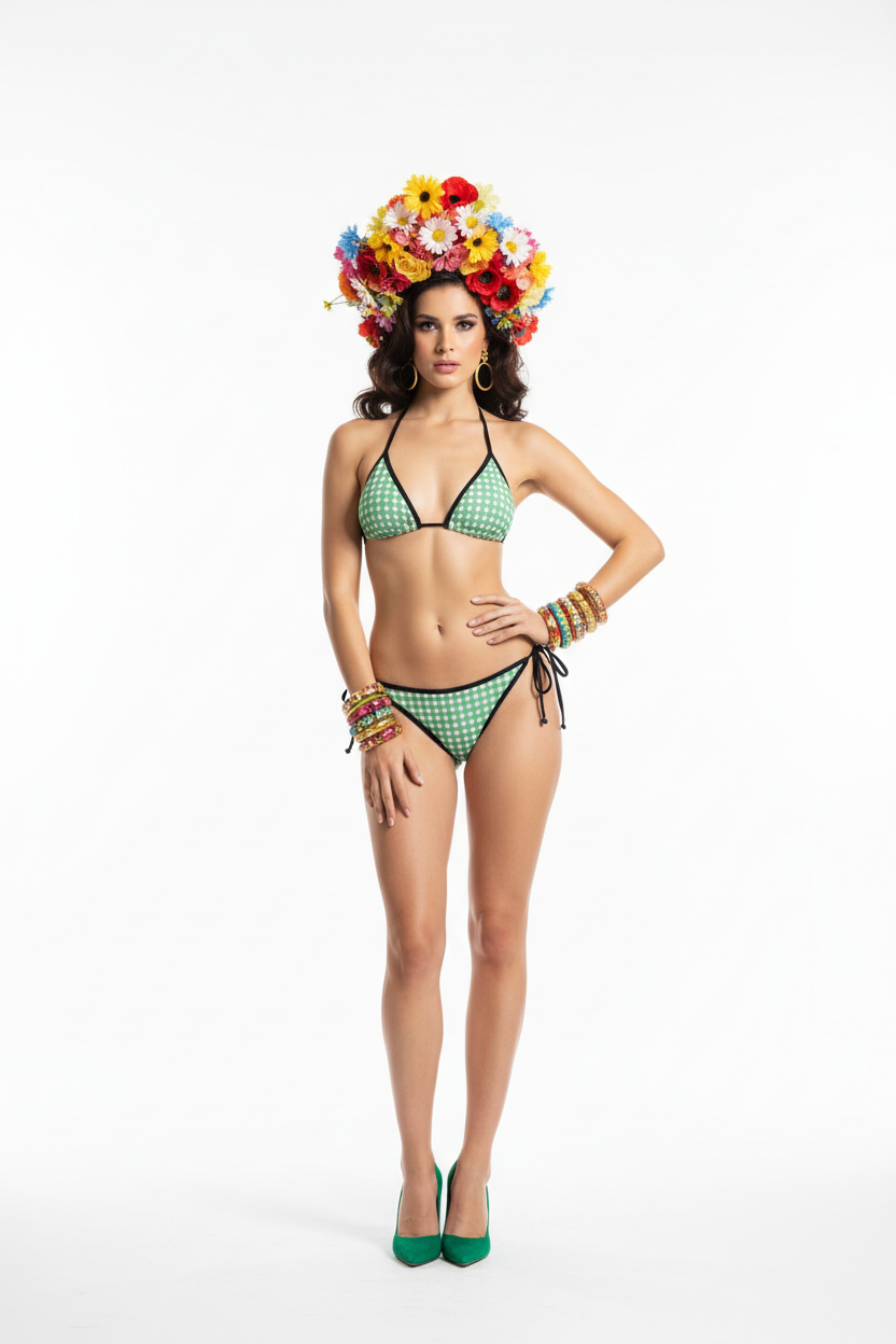 Sage Green Gingham Triangle Bikini — ciemnowłosa modelka z kwiatami