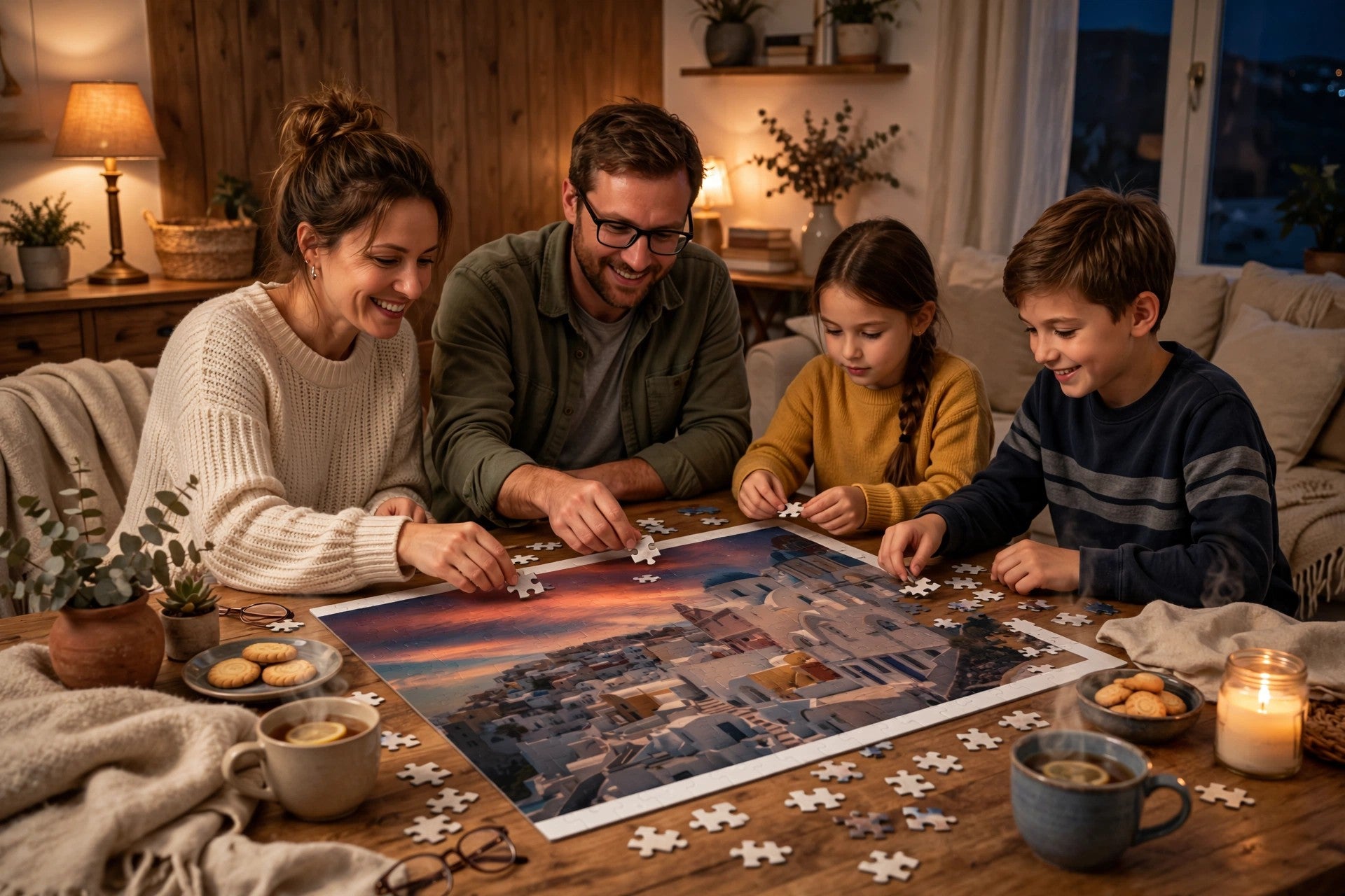A family of four collaborates on assembling a large jigsaw puzzle depicting a scenic sunset landscape in a cozy, warmly lit living room. The scene includes mugs of tea, cookies, and candles on the wooden table, with the family smiling and focused on the puzzle.