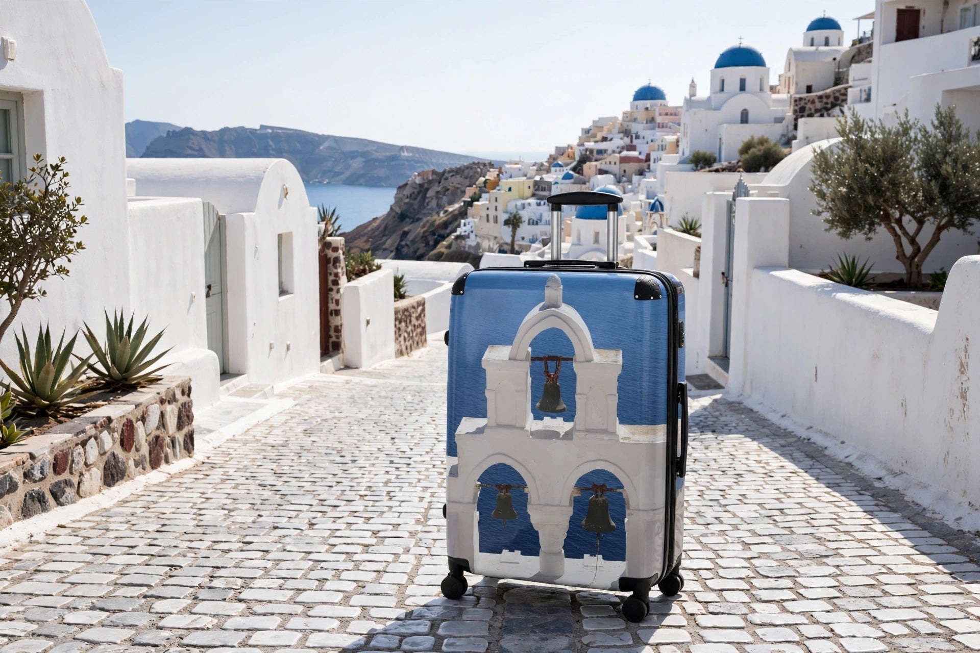 Santorini Bells Suitcase - Oia White Belltower Over Aegean Blue Luggage | My Original Photo