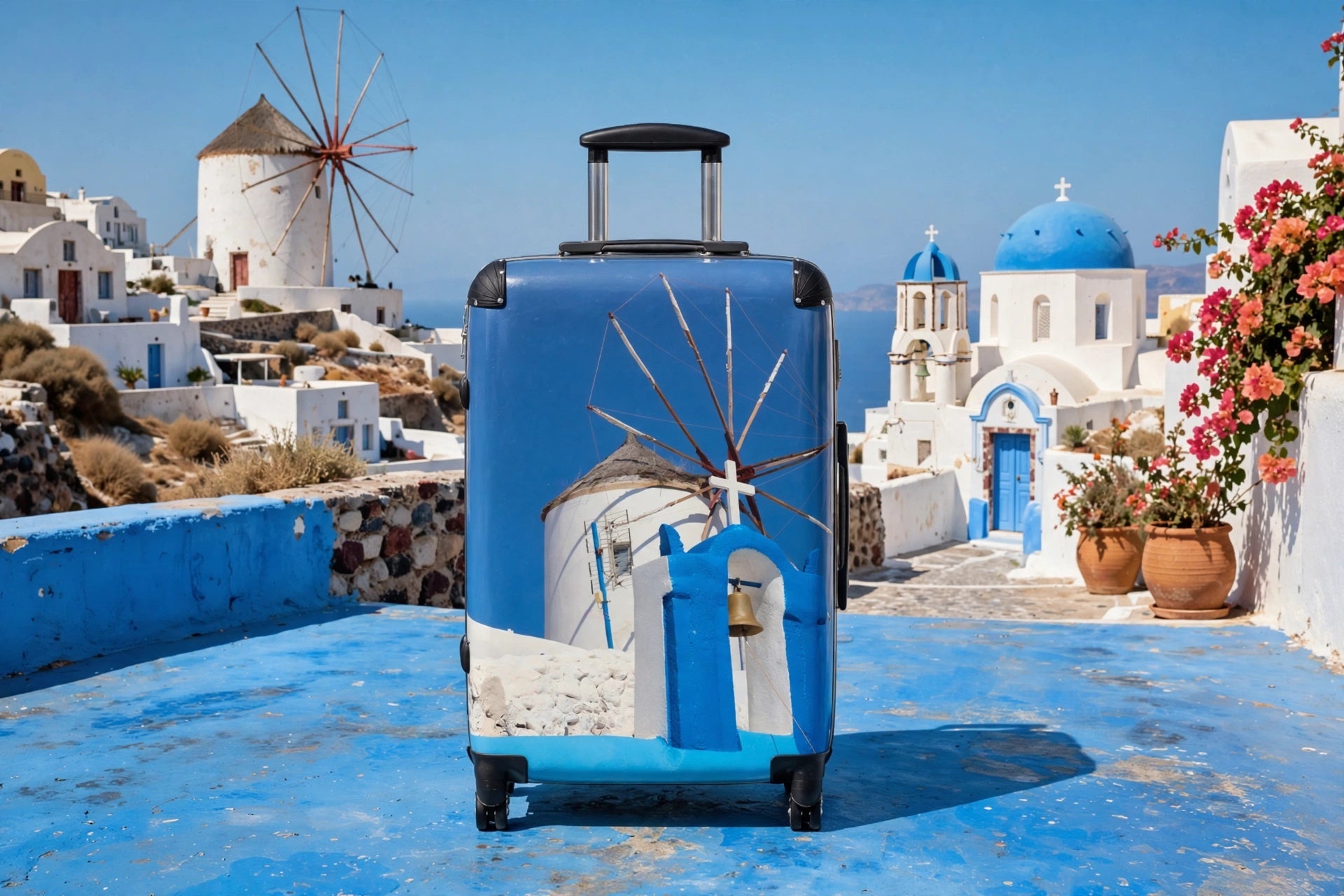 Ghost Oia Windmill & Blue Bell Suitcase - Santorini White Windmill Original Photo Luggage - Hard Shell Spinner