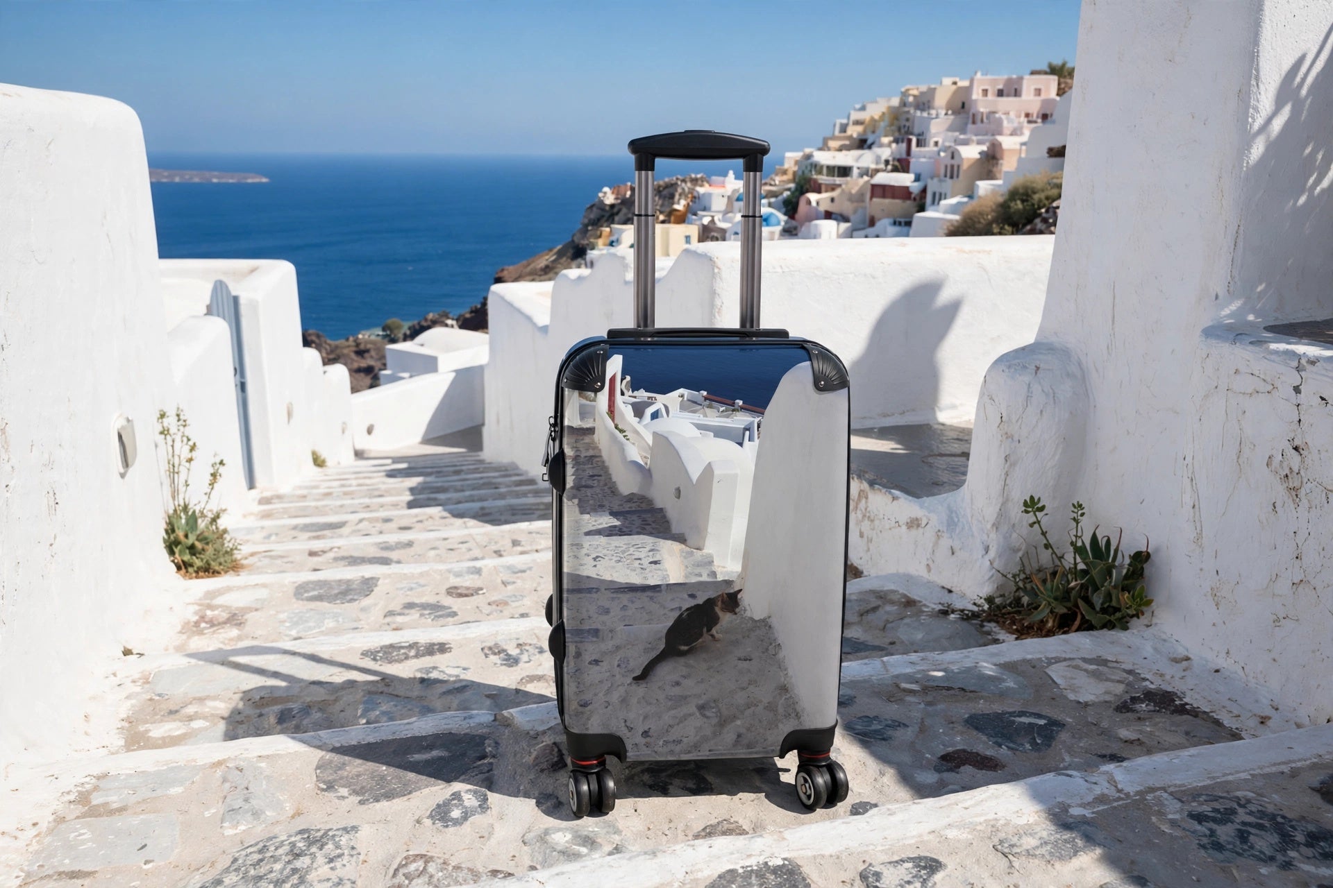 Oia Cat Suitcase - Santorini Steps & Aegean Blue Luggage | My Original Photo