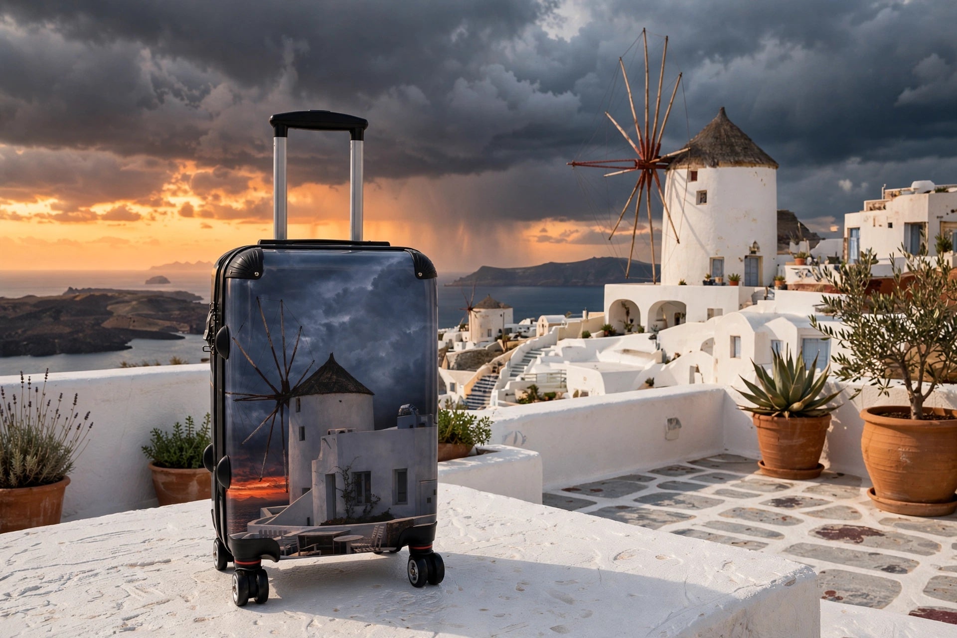 Stormy Oia Windmill Suitcase - Dramatic Clouds Sunset Luggage | Original Photo