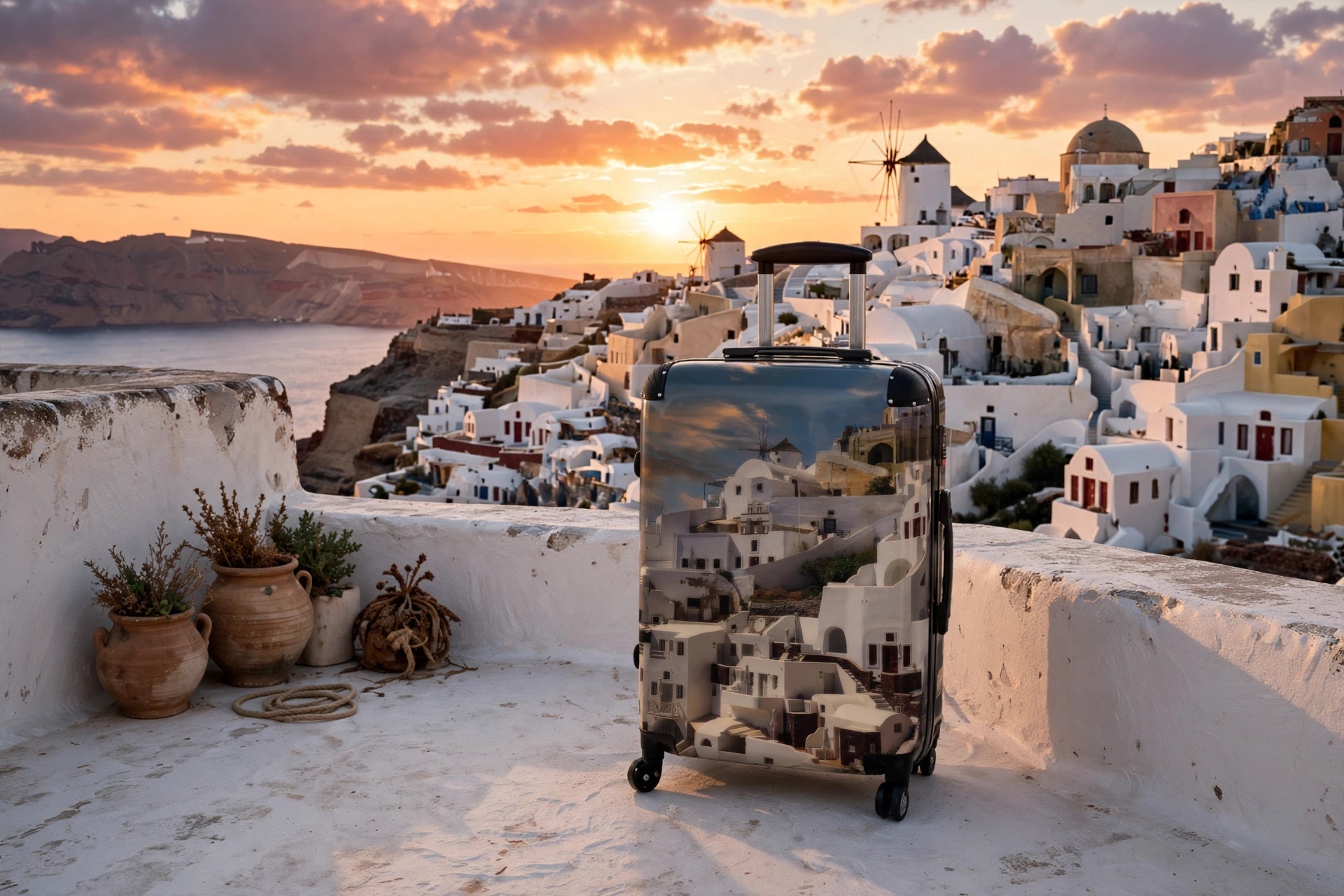 Oia White Village Windmill Suitcase - Santorini Sunset Houses Luggage | Original Photo