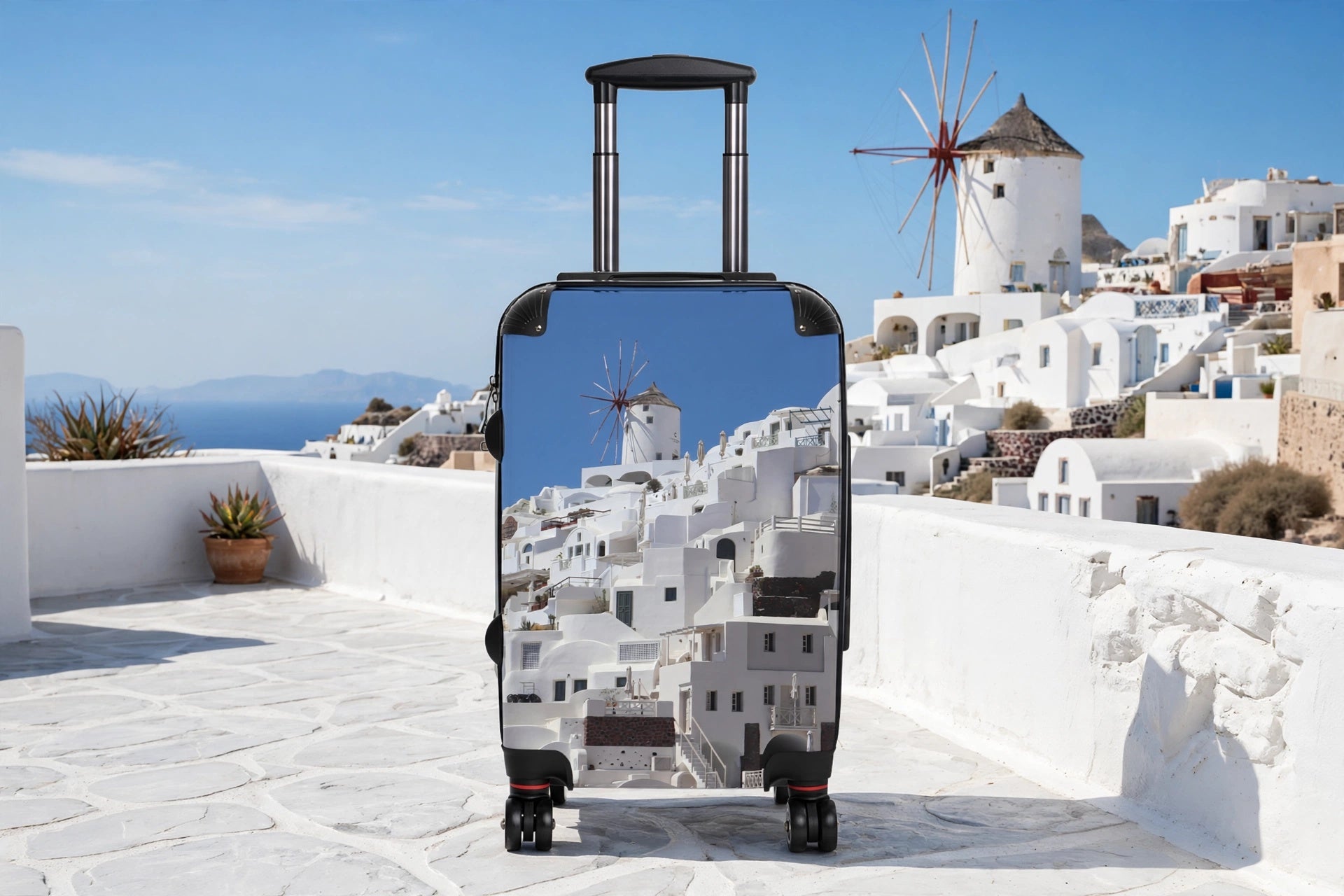 Ghost Oia Windmill Suitcase - Santorini White Windmill Luggage | Original Photo