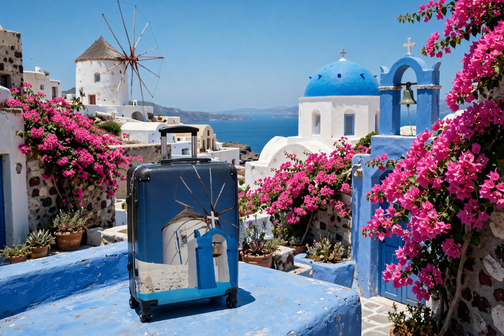 Ghost Oia Windmill & Blue Bell Suitcase - Santorini White Windmill Original Photo Luggage - Hard Shell Spinner