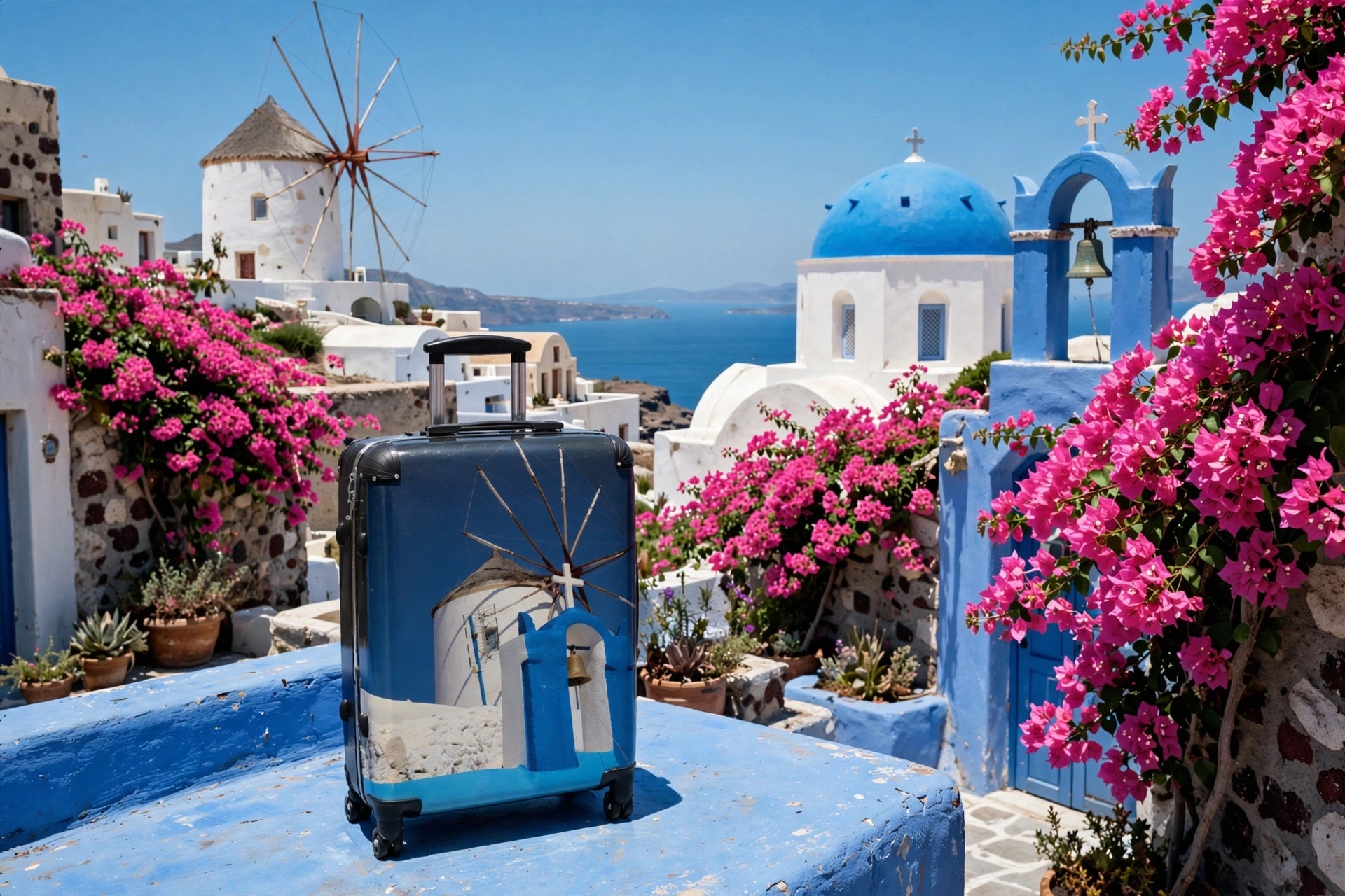Ghost Oia Windmill & Blue Bell Suitcase - Santorini White Windmill Original Photo Luggage - Hard Shell Spinner