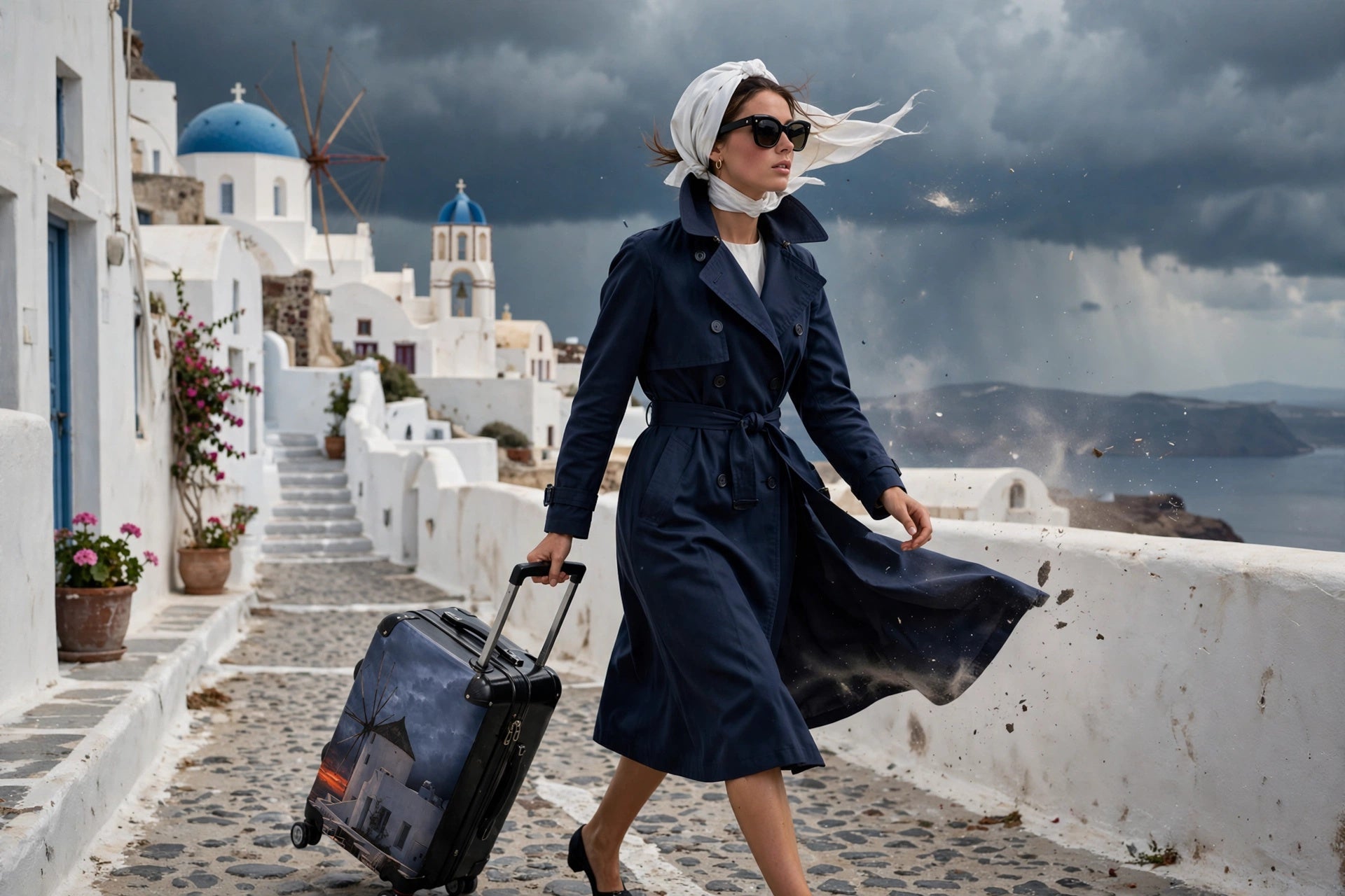 Stormy Oia Windmill Suitcase - Dramatic Clouds Sunset Luggage | Original Photo