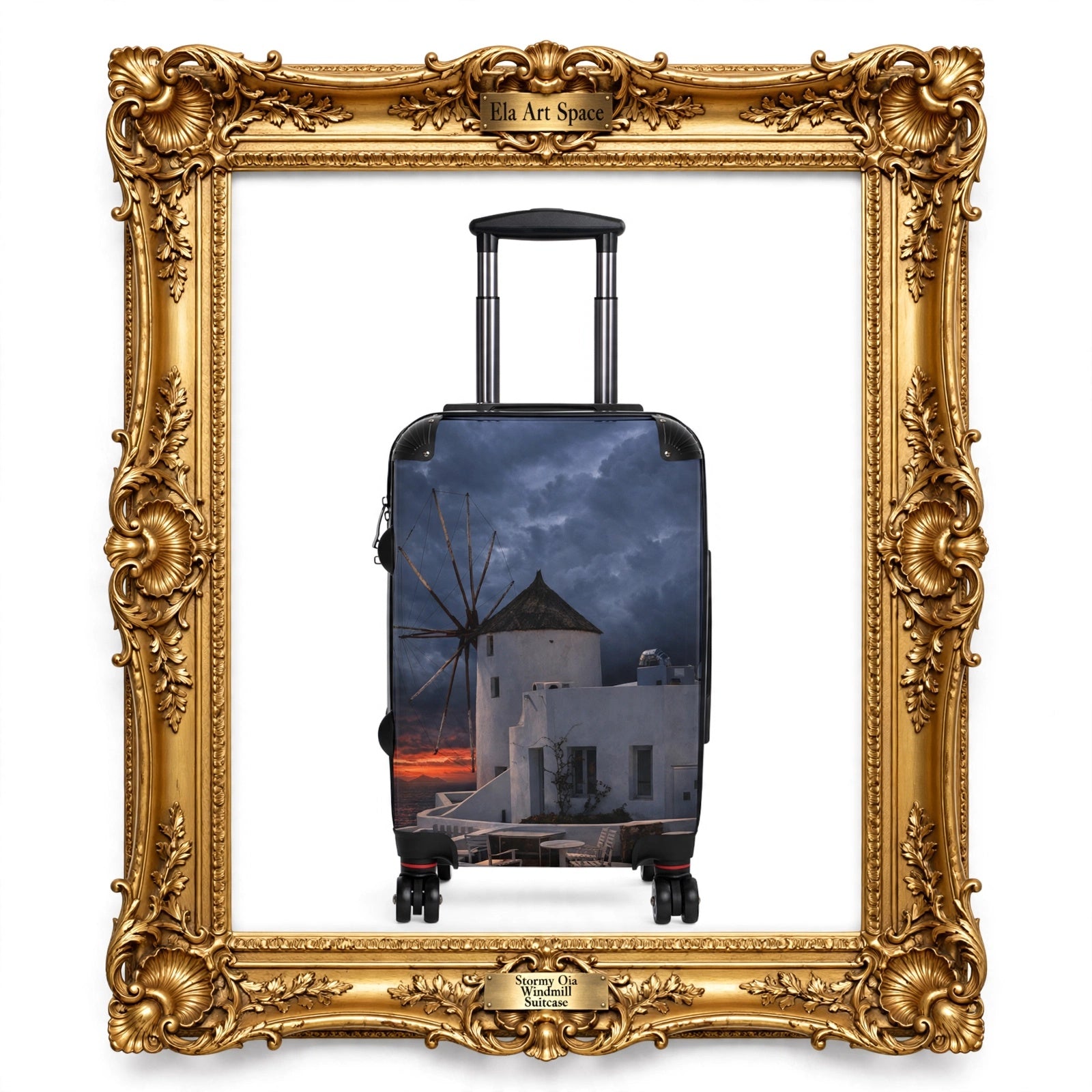 Stormy Oia Windmill Suitcase - Dramatic Clouds Sunset Luggage | Original Photo