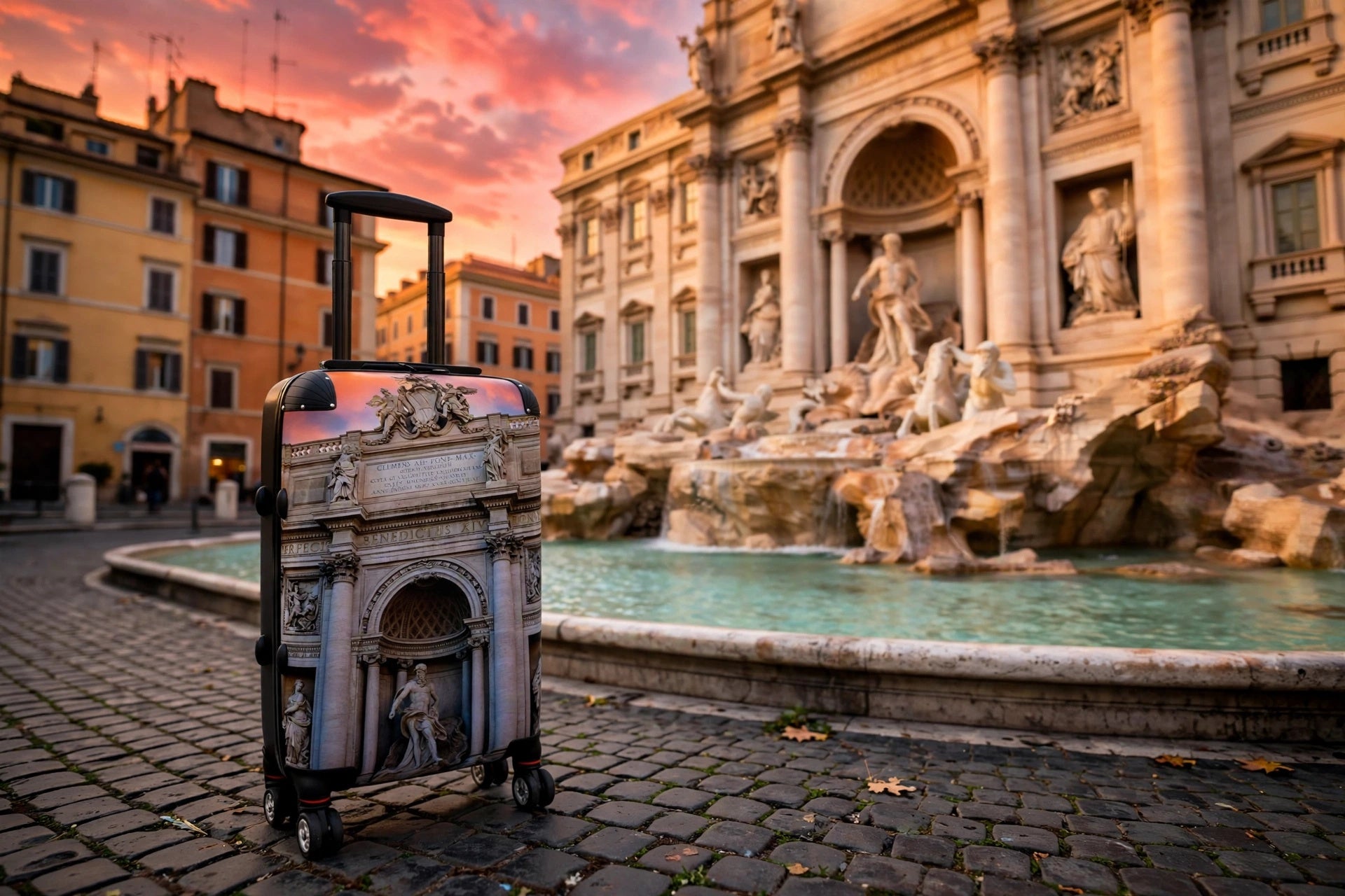 Trevi Fountain Rome Suitcase - Sunset Pink Sky Luggage | Original Photo