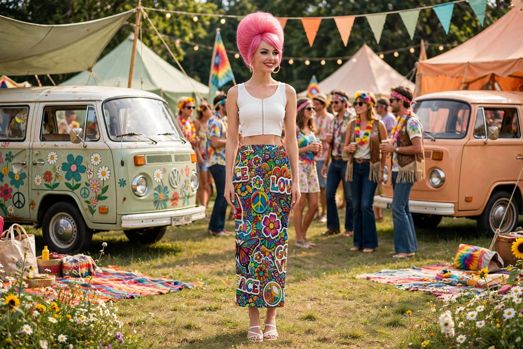 A woman stands in a grassy outdoor festival setting wearing a white crop top and a colorful floral maxi skirt with peace-sign motifs and 'LOVE' text. She has a bright pink mohawk.