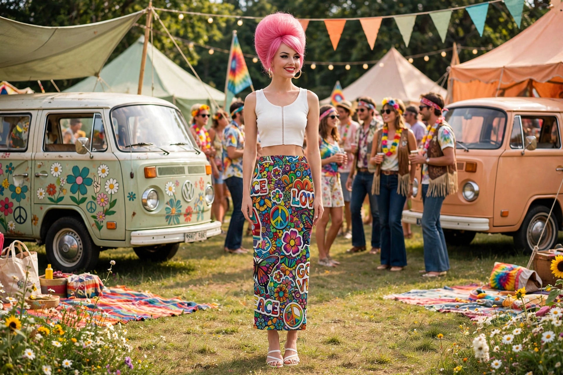 A woman stands in a grassy outdoor festival setting wearing a white crop top and a colorful floral maxi skirt with peace-sign motifs and 'LOVE' text. She has a bright pink mohawk.